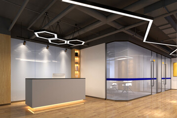 3d render empty working office, front desk