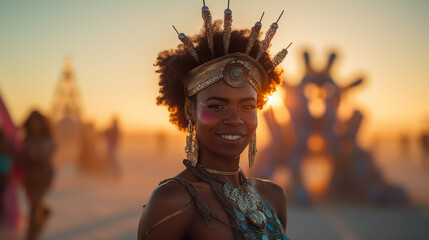 Portrait of a beautiful young woman having fun at a summer music festival concert. Generative AI
