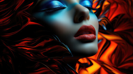 Frau mit roten Lippen und abstrakten Mustern, Generative AI