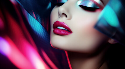 Frau mit leuchtendem Make-up und farbigen Lichteffekten, Generative AI