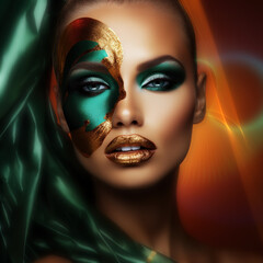 Frau mit goldenem Lippenstift und kreativem Make-Up, Generative AI