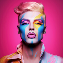 Mann mit kreativem Ausdruck und bunter Gesichtsbemalung. Avantgardistisches Make-up, Generative AI