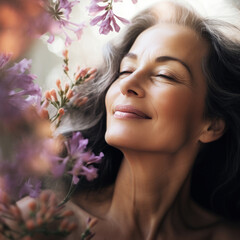 Glückliche Seniorin umgeben von Blumen, Generative AI