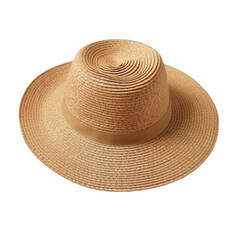 Fototapeta na wymiar Wide brim straw sun hat isolated on a white background. Mens' or womens' straw hat with light brown ribbon. Stylish summer, beachwear, vacation, travel, accessory for beach day sun protection.