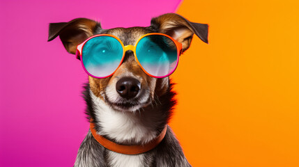 Dog with sunglasses on a solid color background.