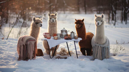 breakfast with alpacas outdoors in winter