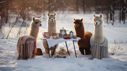 Selbstklebende Fototapeten breakfast with alpacas outdoors in winter © ayyan