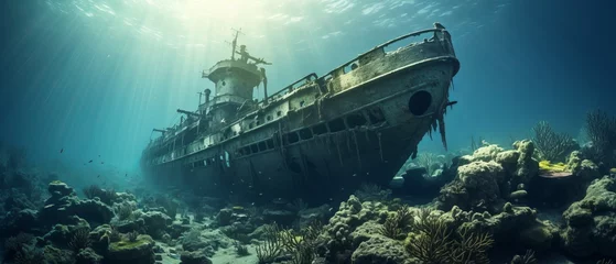 Foto op Plexiglas Schipbreuk Sunken ship in the ocean. Wreckage of a sunken ship after a shipwreck