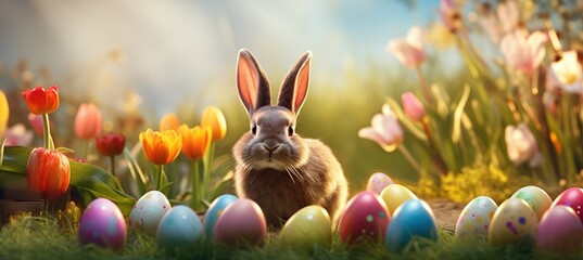 Fototapeta na wymiar Bunny Delight Oasis: Fluffy Easter Rabbit Immersed in a Haven of Vibrant Eggs. Generative AI