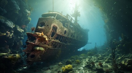 Sunken ship in the ocean. Wreckage of a sunken ship after a shipwreck