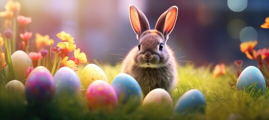 Fototapeta na wymiar Eggstravagant Harmony: Fluffy Bunny in Perfect Synthesis with Vibrant Easter Eggs. Generative AI