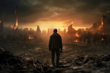 Ruined Man apocalypse city. Night disaster. Generate Ai - obrazy, fototapety, plakaty