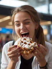 Young girl eating a tasty Belgian waffle topped with whipped cream, open mouth and looking happy, hungry teenager's snack time, teenager having a gourmand break in a shopping mall, forget diet