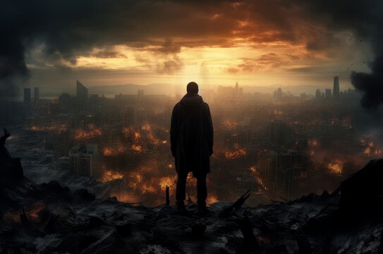 Man apocalypse city. Night disaster. Generate Ai