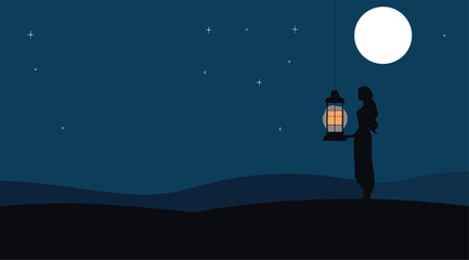 Naklejka premium minimalist vector character exuding a dreamy atmosphere, lost in thought under the moonlight against a clear, minimalist backdrop. moonlit lantern