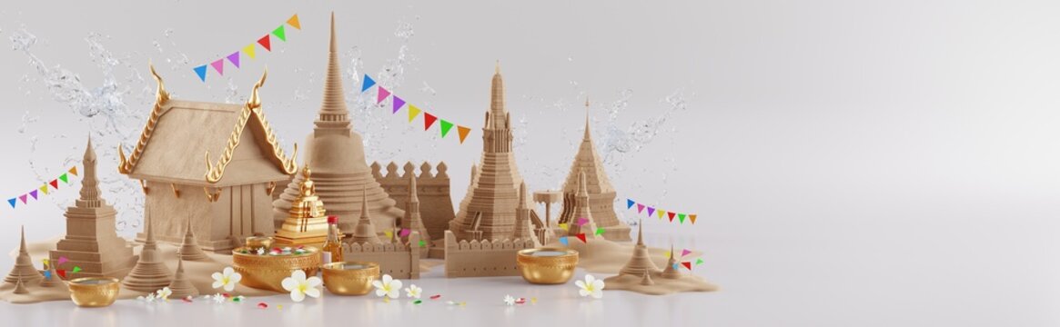 3d rendering illustration background for Songkran festival background in thailand water festival 3d with with blue water splash,thai architecture. ( Translation thai : Songkran Thailand )
