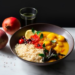 Delicious, mushrooms, peppers, onion and broccoli on boiled rice, served in a round plate. Close up