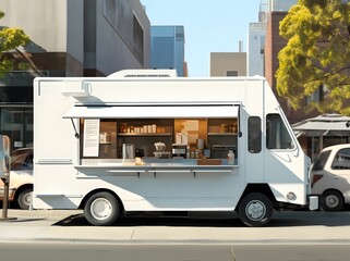 White Food Truck Parked on Busy City Street