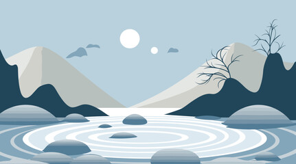 vector art piece that captures the tranquility of a Zen garden with ripples forming in a serene stone pool upon which a single leaf floats. 