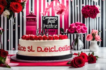 product  shot of a black and white cake , colourful logo of a company named "Slice Delice" written with cream on the cake ,placed on a white table, red roses in a  on the table, pink wallpaper with wh - Powered by Adobe