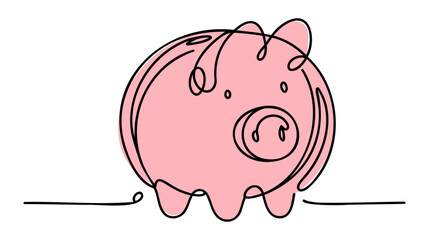 Piggy bank in continuous line art drawing style. Pig moneybox black linear sketch isolated on white background