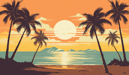 vector postcard reminiscent of a tropical beach resort, featuring palm trees, classic typography, and a retro color palette relaxed atmosphere of a seaside vacation