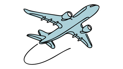 Airplane one line drawing on a white background. Blue Airplane continuous single sketch. Minimalist contour design.