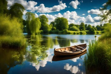 Obraz premium A picturesque riverside scene in summer, showcasing a quaint wooden boat anchored by the shore amidst vibrant greenery under a clear blue sky with scattered clouds.