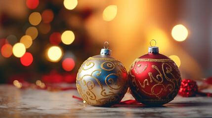 Merry Christmas and Happy New Year festive background. Ball hanging on spruce, fir branch, shiny bokeh. Generative AI