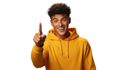  handsome youth man showing finger up, wearing yellow hoodie, transparency background png