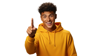  handsome youth man showing finger up, wearing yellow hoodie, transparency background png