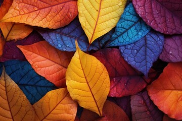 Macro texture of vibrant, multi-colored autumn leaves