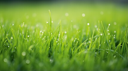 low angle of dewy green grass.green grass background - obrazy, fototapety, plakaty