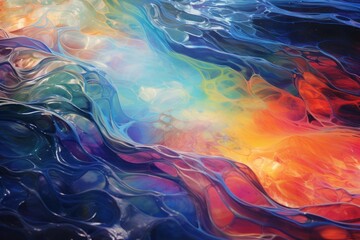 Slick, iridescent oil spill texture on water - obrazy, fototapety, plakaty
