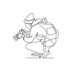 One continuous line drawing of a photographer is holding a camera to take a good picture vector illustration. Design with Minimalist black linear design. photographer themes for your asset design.