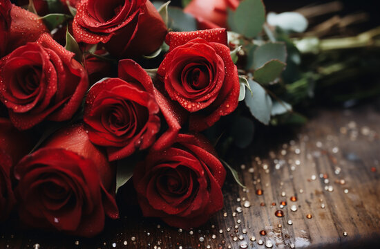 Bouquet of red roses with water drops on wooden background.