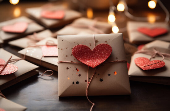 Valentine's day background. Love letter, envelope and red hearts on wooden table