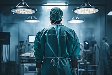 Surgeon standing in operating room. Doctors. Hospital