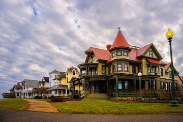 Oak Bluffs skyline, houses, and dramatic winter cloudscape over the Ocean Park on Martha's...