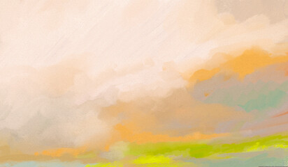 Impressionistic Muted & Highlighted Landscape or Cloudscape at Sunrise or Sunset in Grays and Orange & Green - Art, Digital Painting, Artwork, Design, or Illustration
