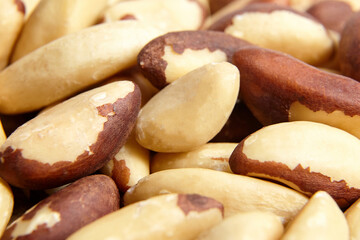 Fototapeta premium Brazil nuts closeup as background. Shelled nuts. Natural Brazil nuts, a nutty delight