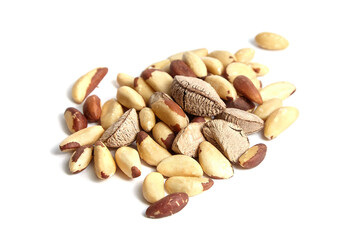 Brazil nuts isolated on white background. Organic Brazil nuts, a plant-based treat, top view