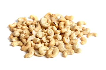 Cashew nut heap isolated on white background. Abundant cashew nuts, a delicious bunch