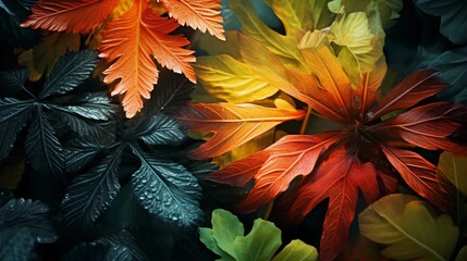 Background of colorful leaves in close-up, yellow, green, orange, red leaves, natural floristic background