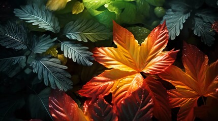 Fototapeta na wymiar Background of colorful leaves in close-up, yellow, green, orange, red leaves, natural floristic background