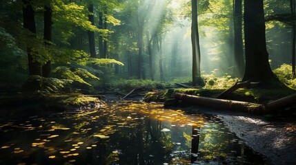 Obraz premium Magical green forest with sunlight