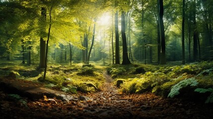 Fototapeta premium A forest with sun rays shining through the leaves