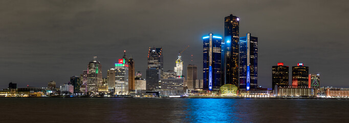 Detroit skyline at dusk viewed from Windsor, ON - Powered by Adobe