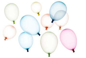 Inflated rubber colorful balloons fly in air. Many colorful inflated balloons in red, blue, yellow throw scatter. Toy for kid to play in birthday party and celebrate, white background isolated