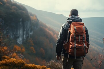 Obraz premium Adventurous Man hiker backpack. Tourism trip. Generate Ai